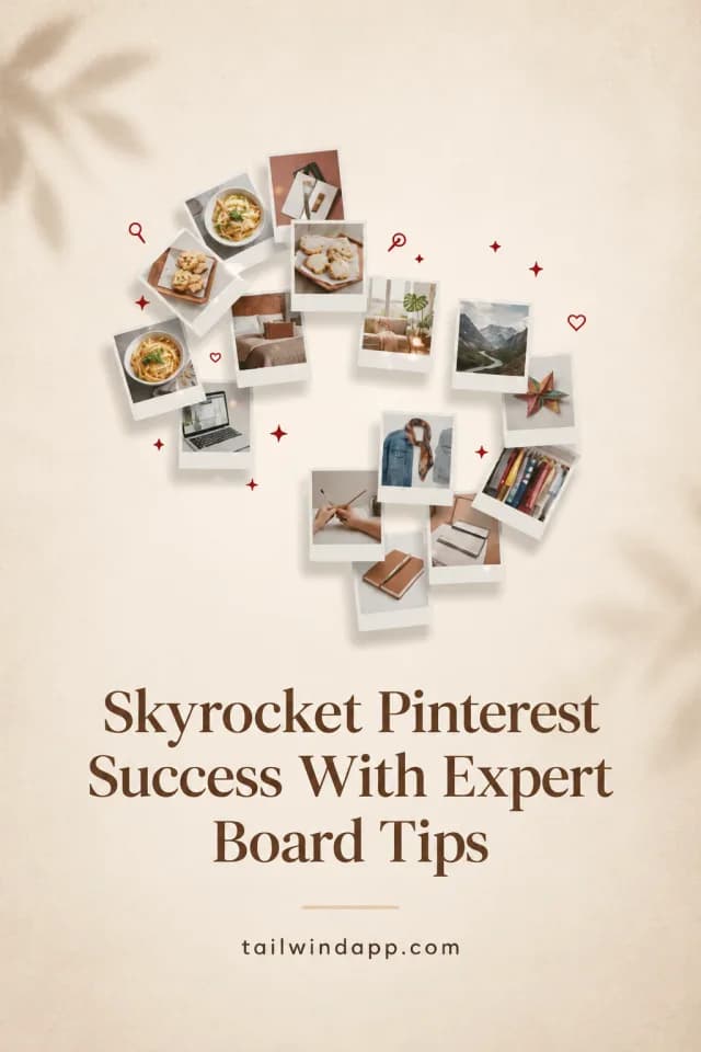 Tailwind Pin draft 1: Polaroid photos of food, home, travel, and fashion boards above the headline Skyrocket Pinterest Success With Expert Board Tips