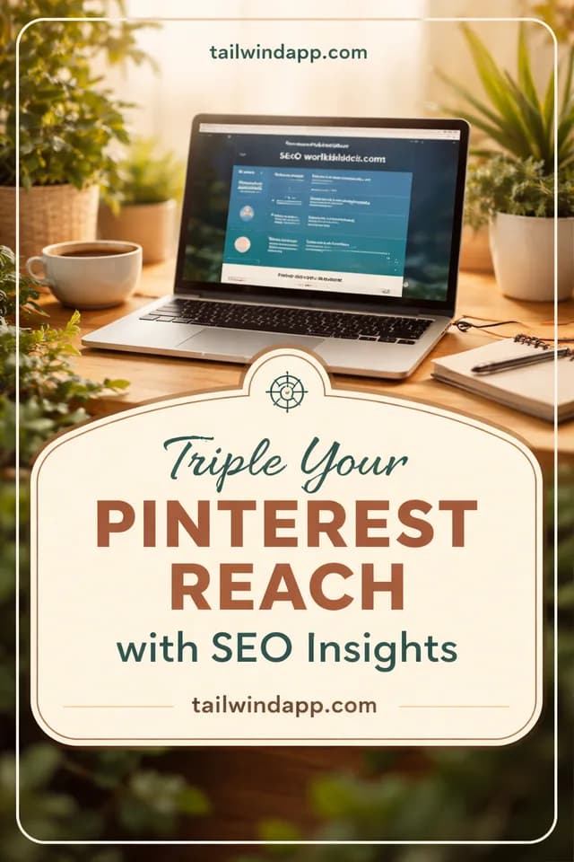 SmartPin draft, week 3: Sunlit desk with a laptop and coffee, and a cream badge reading Triple Your Pinterest Reach with SEO Insights