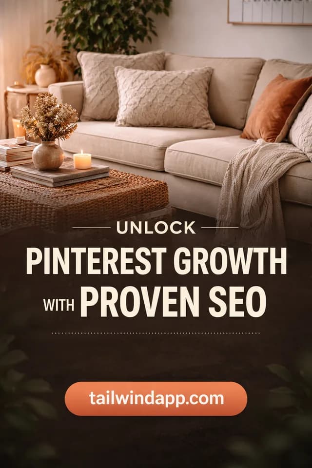 SmartPin draft, week 4: Cozy living room with candles and a beige sofa, with a headline reading Unlock Pinterest Growth With Proven SEO