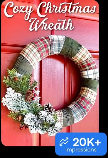 A cozy Christmas wreath Pin with a 20K+ impressions badge