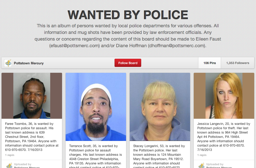 Pottstown PA, PD Uses Pinterest to Catch the Bad Guys