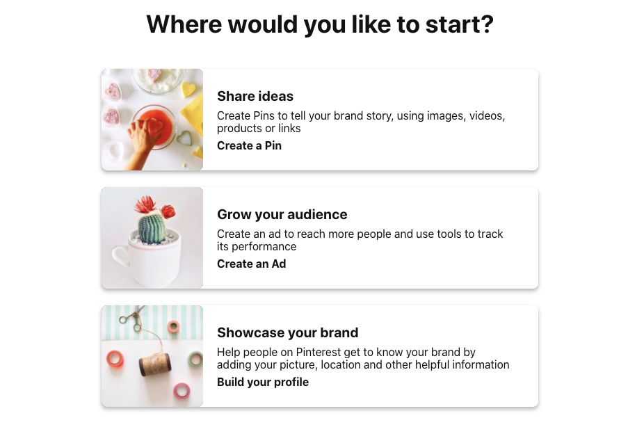 next steps available after setting up a new pinterest account