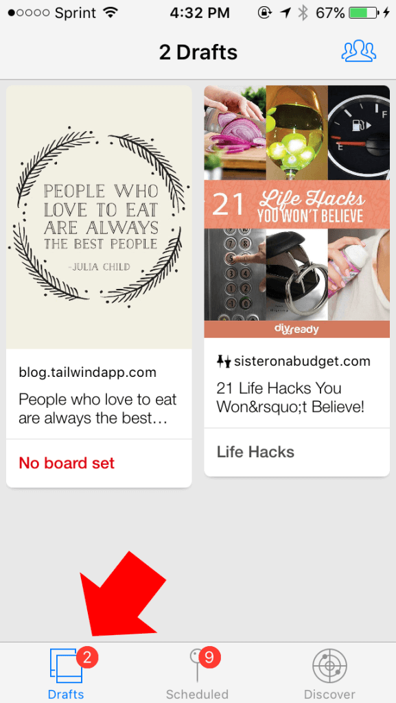 Drafts page in the Tailwind App