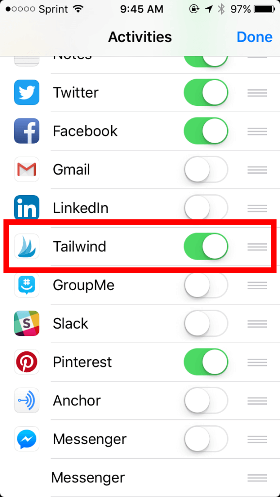 Turn on 'Share to Tailwind'