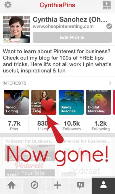Interest categories on Pinterest account home page