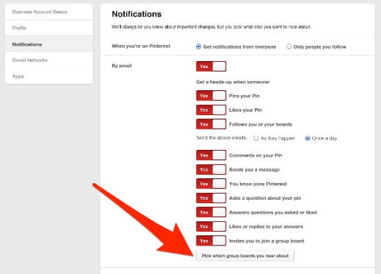 Pinterest group board email notification settings
