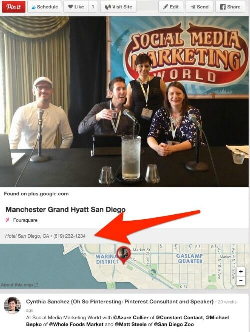 Pinterest pin with map and phone number of a business