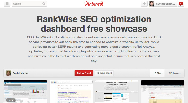 RankWise SEO optimization dashboard on Pinterest