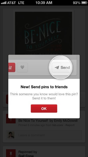 Send Pinterest pins to friends from mobile app