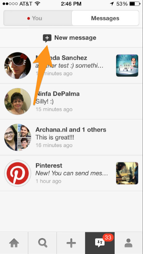 Sending new messages on Pinterest