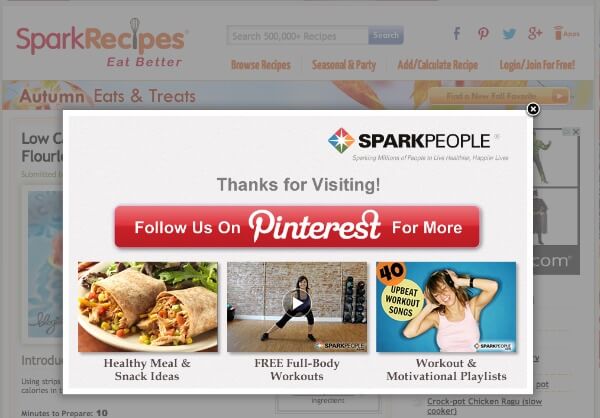 SparkPeople pop-up greets visitors from Pinterest with a call to action