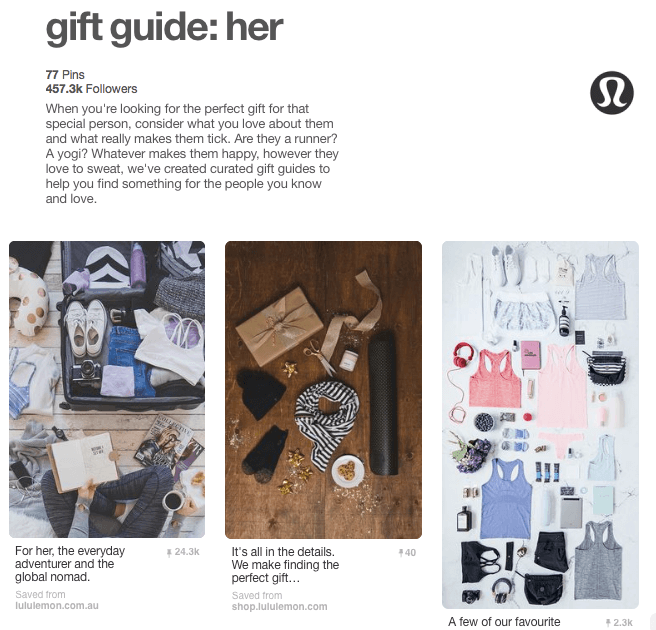 Lululemon uses a gift guide board to help boost sales on Pinterest.