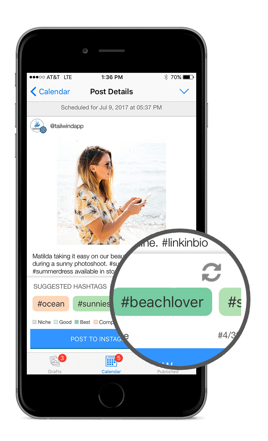 The Tailwind App features Hashtag Finder and a shuffle button to access all the hashtags