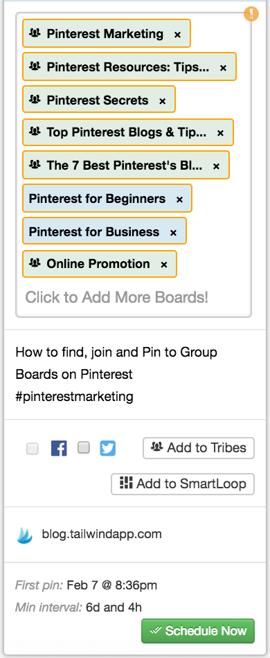 Use board lists and interval Pinning to save time scheduling your content to all applicable boards.