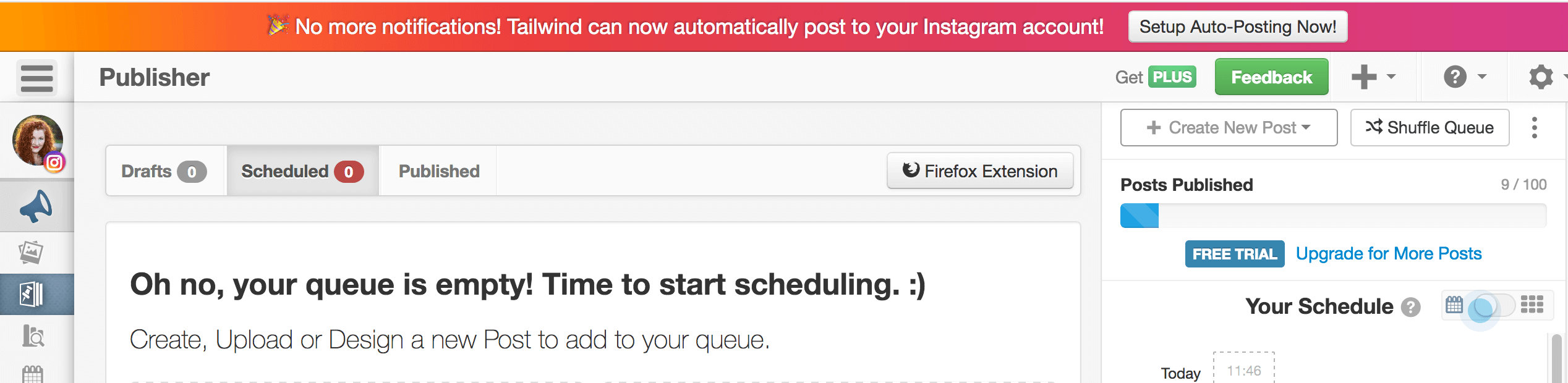 Banner Showing Set up Auto Posting to Instagram with Tailwind Now