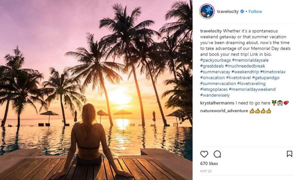 Instagram post of woman sitting on dock in front of sunset