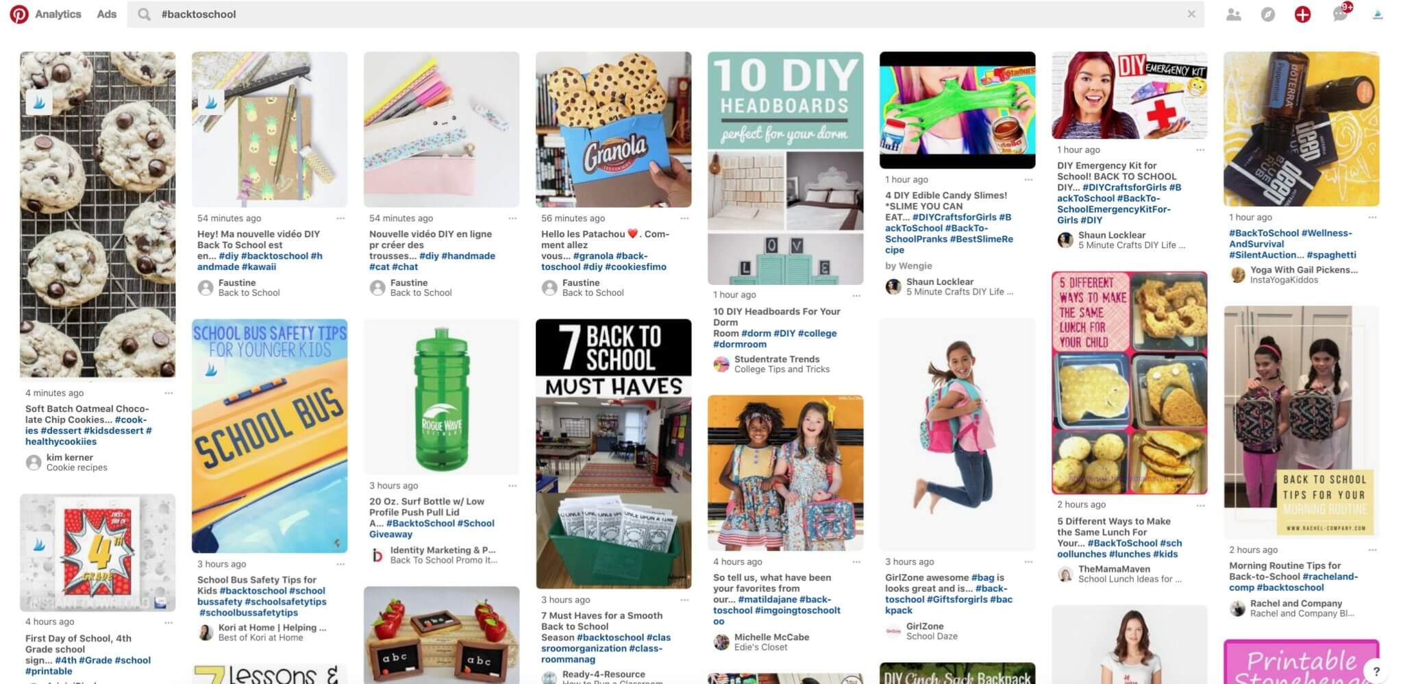 Printscreen of Pinterest Hashtag search result for #backtoschool