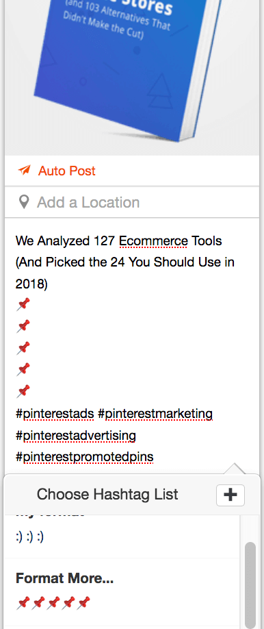 Screenshot of Tailwind Instagram hashtag lists used as a way to store formatting.
