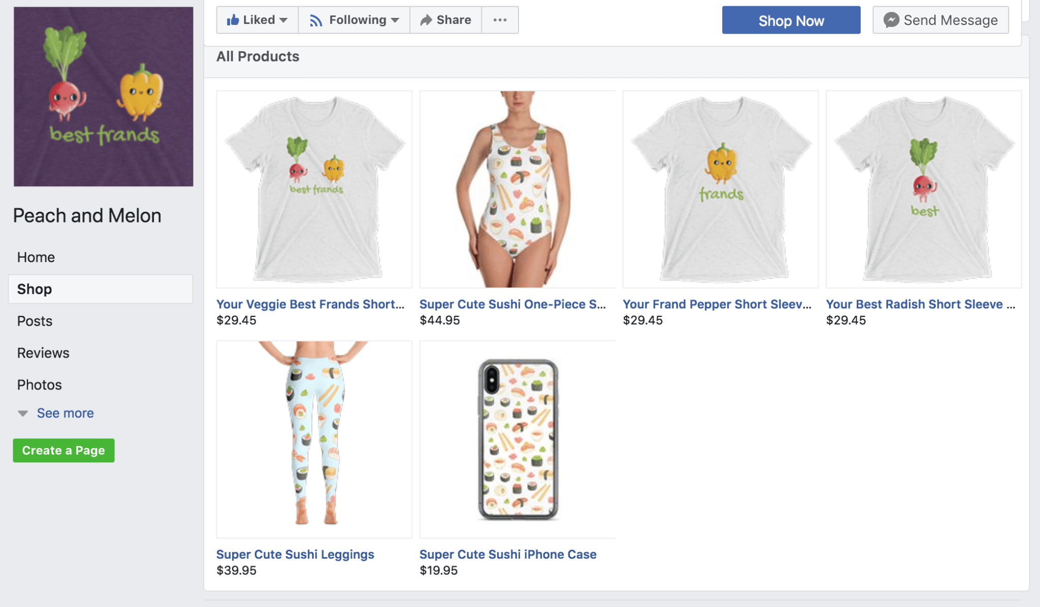 screenshot of a Facebook page store with products