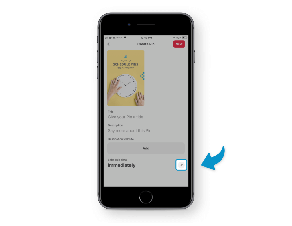Screenshot of scheduling a Pin to Pinterest on mobile