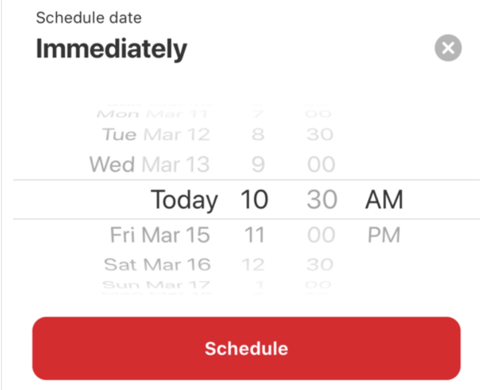 Screenshot of selecting a day and time share your Pin to Pinterest - on mobile