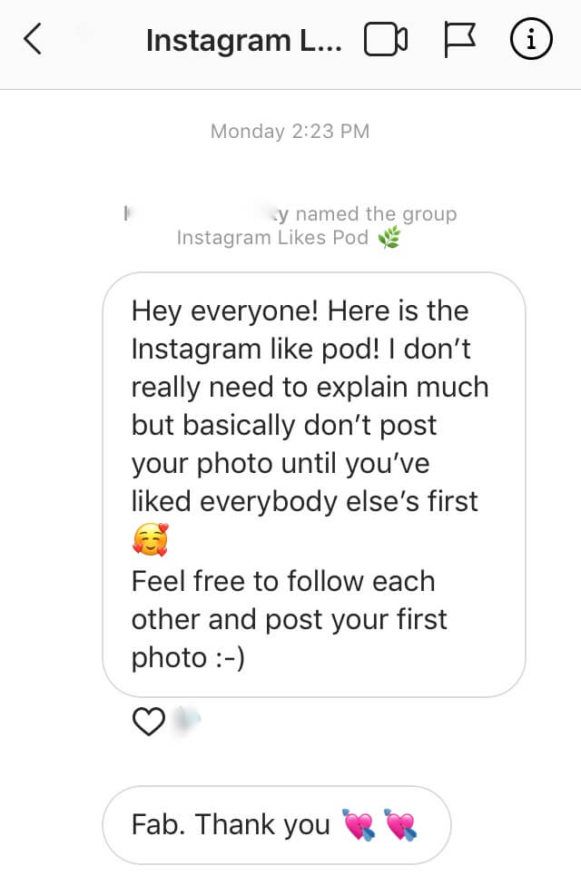 screenshot of an engagement pod on Instagram