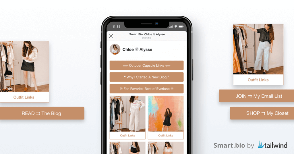 Smart.bio by Tailwind - screenshot of Instagram Influencer Chloe Alysses landing page