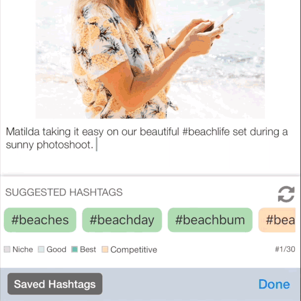 GIF demonstrating Tailwinds hashtag finder for searching relevant hashtags on instagram