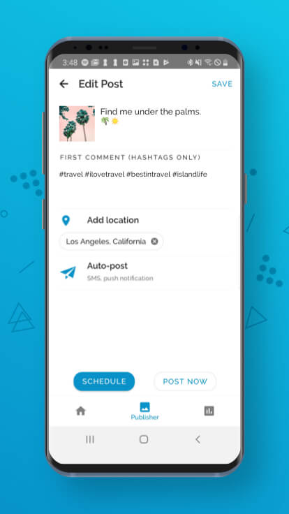 Post draft screen for scheduling to instagram