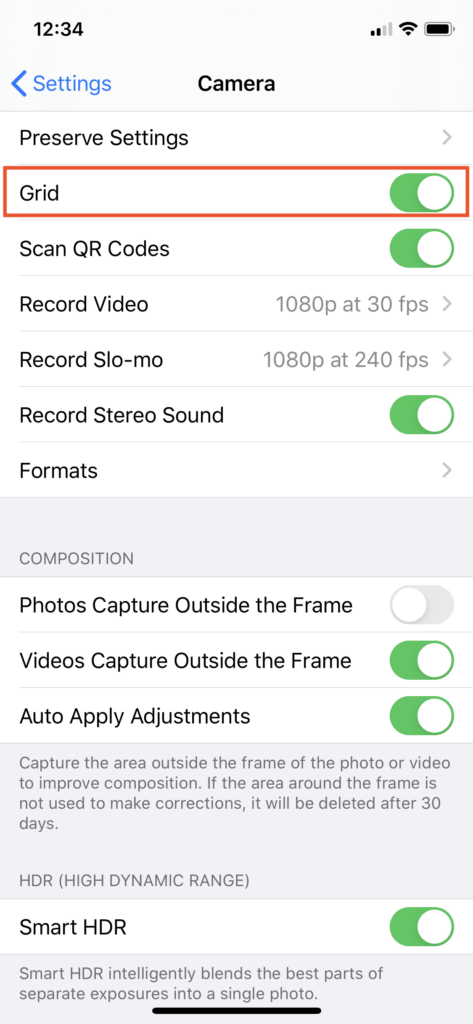 How to turn on grid lines for iPhone Camera in iPhone Settings