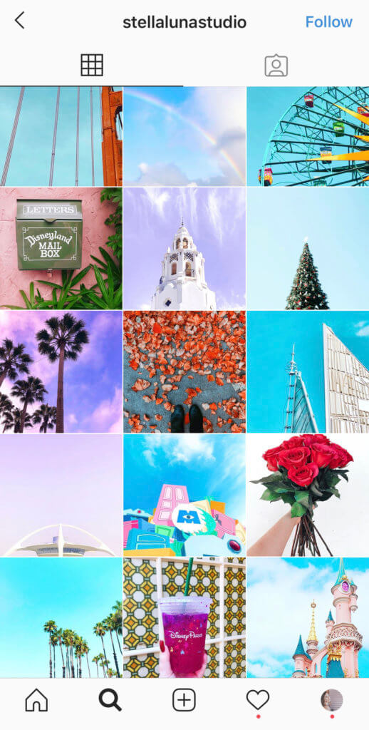 9-grid with bright blue, purple and pink on Instagram