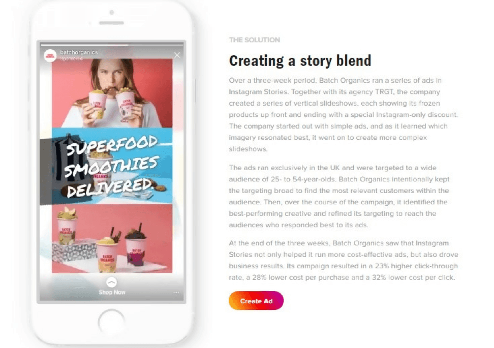 Instagram Story Ads Example- Batch Organics created a blend of slideshows after testing simple ads versus more complex story-telling.