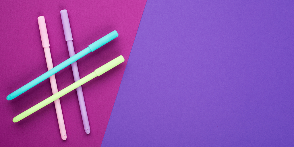 header image - pens forming a hashtag on purple background