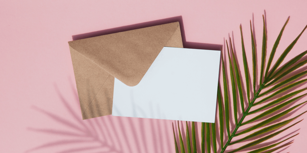 Blog Header Image for How to Add a Contact Button to Instagram - envelope, card and palm leaf on pink background