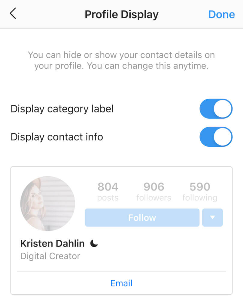 The Profile Display section allows you to toggle Display contact info on and off, allowing you to hide contact information.