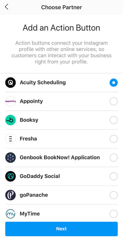 Instagram approved scheduling partners for action buttons