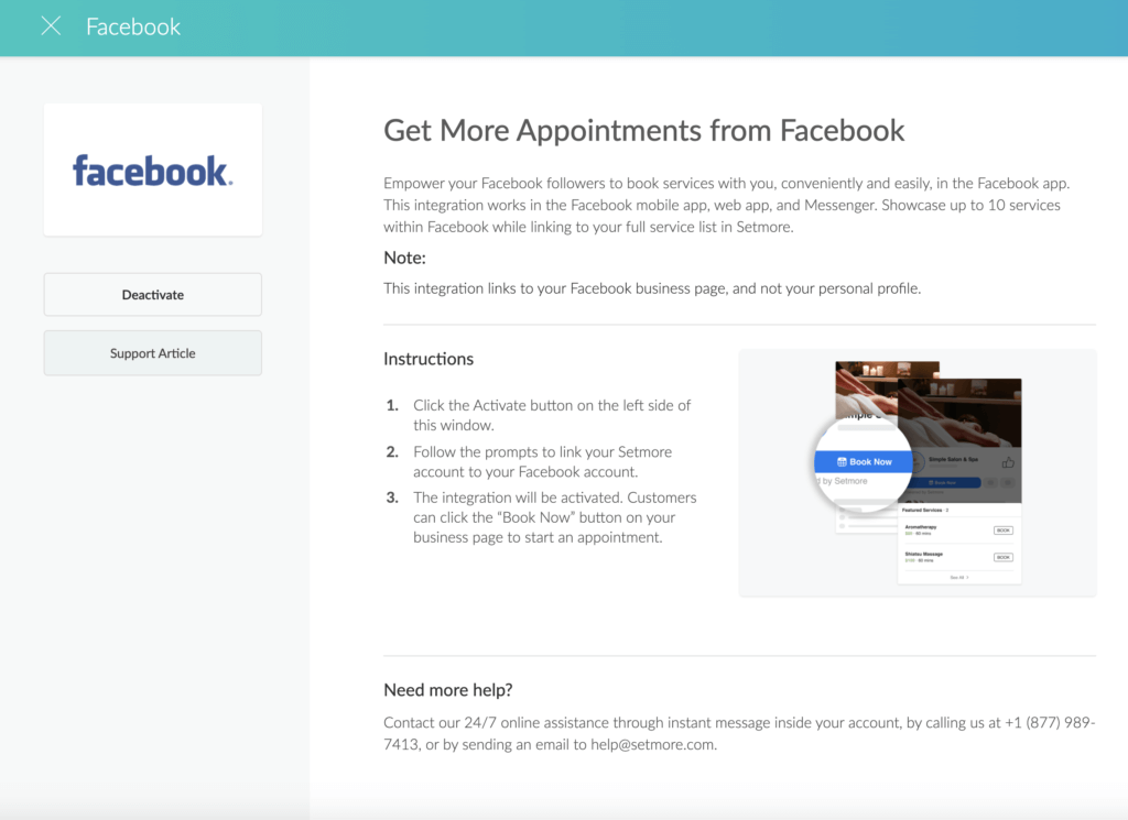 Setmore's Facebook integration instructions for scheduling appointments