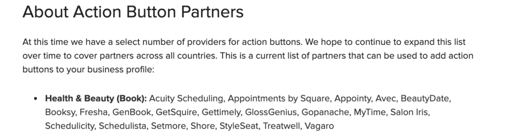 The health & beauty book action button partners listed on Instagram Help Center