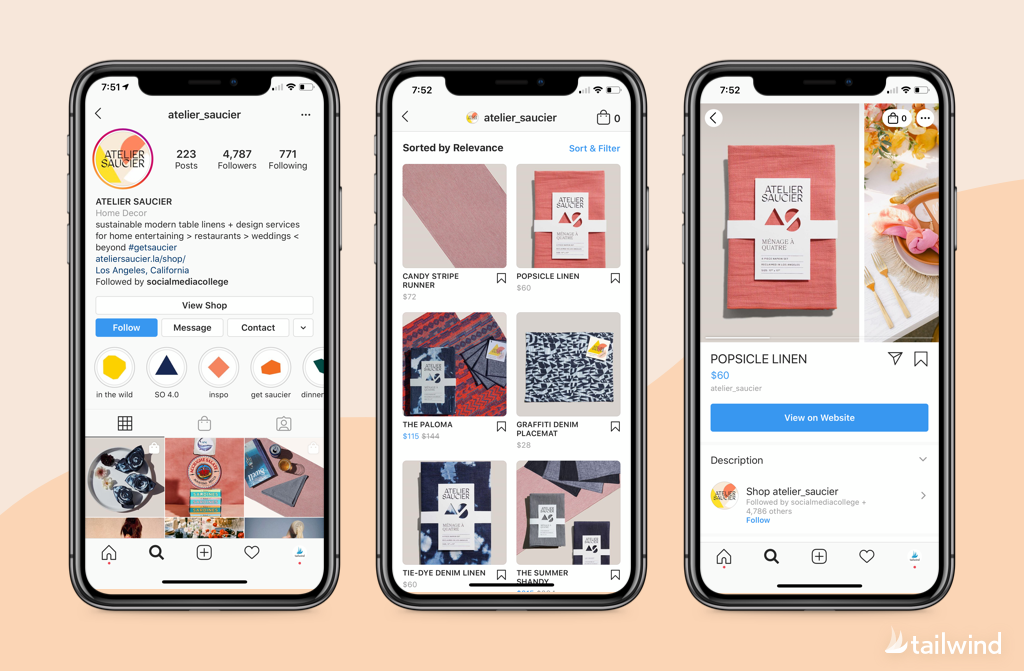 Facebook and Instagram Shops on phone - View Shop, and Product Detail View.