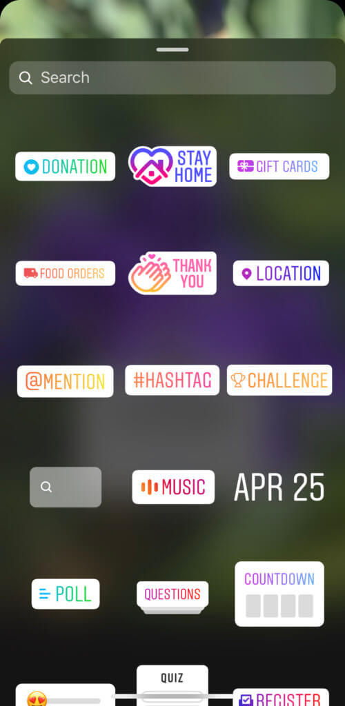 Menu of Instagram Story Stickers including Instagram Challenge sticker
