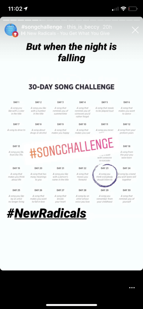 screenshot of 30 day song challenge entry on Instagram