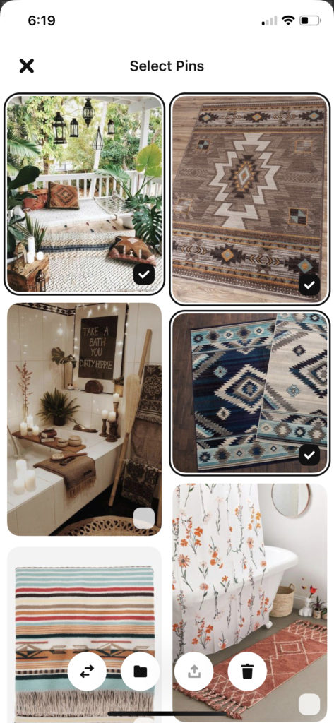 Delete multiple pins on the pinterest app by going to your board, tapping select and selecting all pins to be deleted.