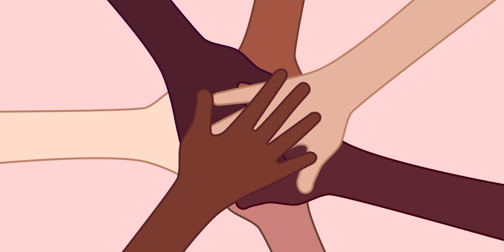 Tailwind Header- multiple hands reaching out on a pink background