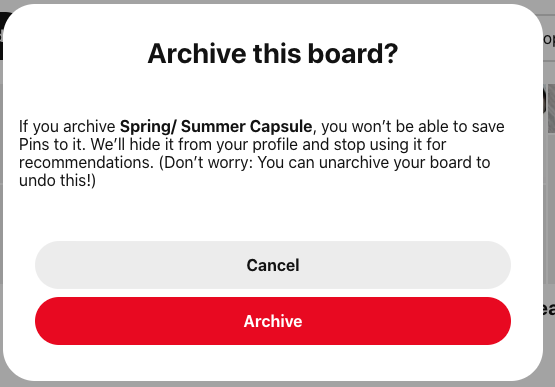 Archive board message on Pinterest