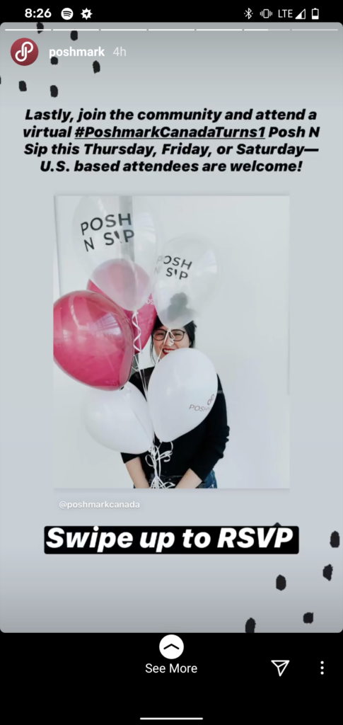Poshmark Instagram Story featuring an event link