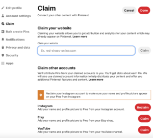 Claim your website on Pinterest business account