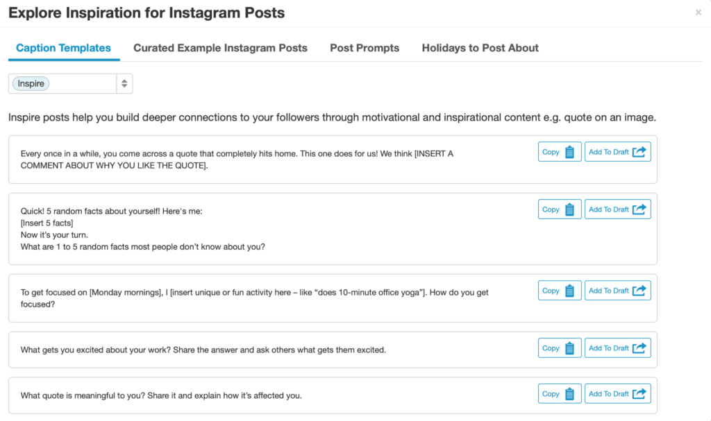 Inspiration des légendes d'Instagram dans le tableau de bord Tailwind