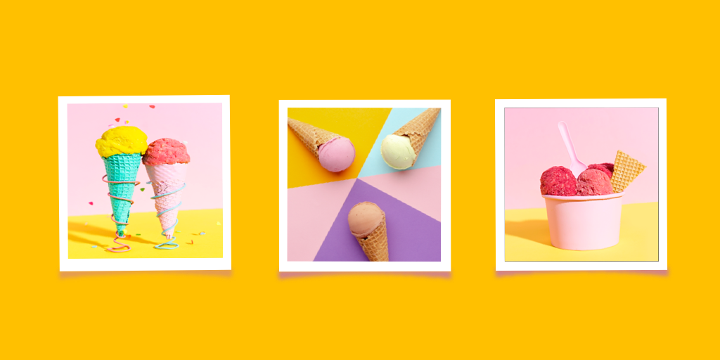 Instagram 3 pictures in a row of ice cream on yellow background 