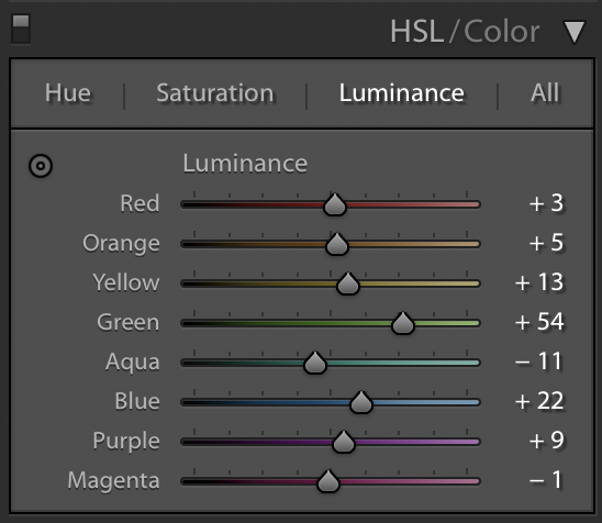 Luminance settings HSL Lightroom