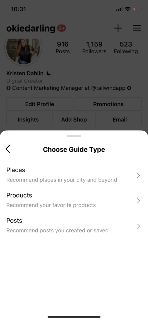 Instagram choose Guide type